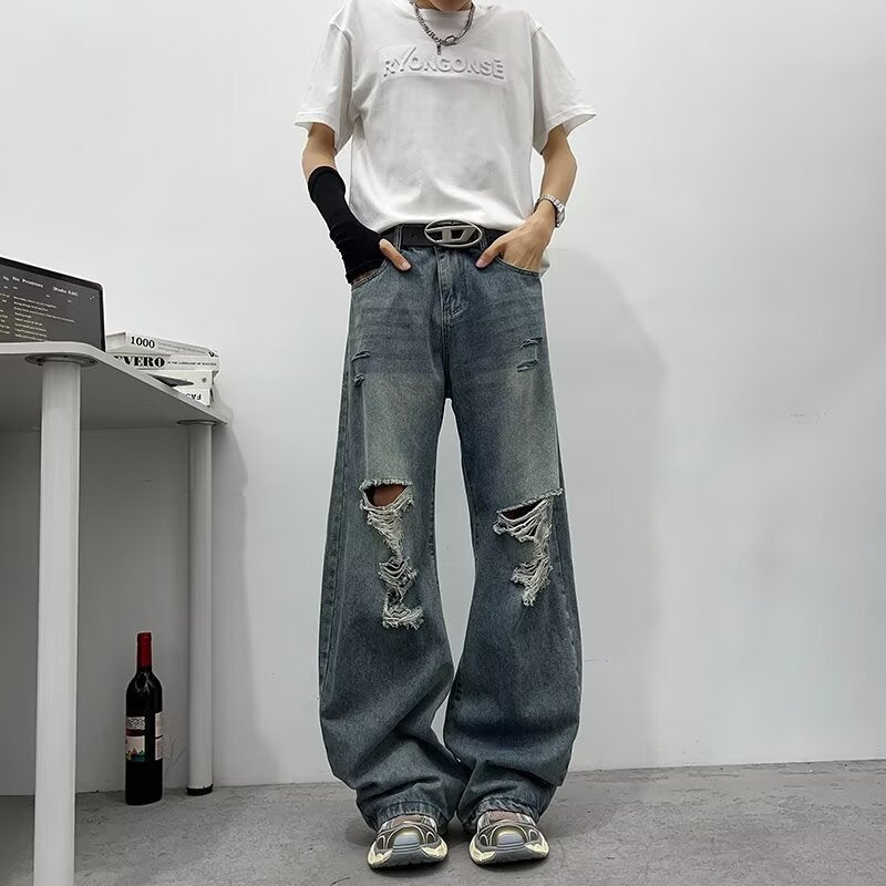 Bamboo Patterned Distressed Jeans with Holes