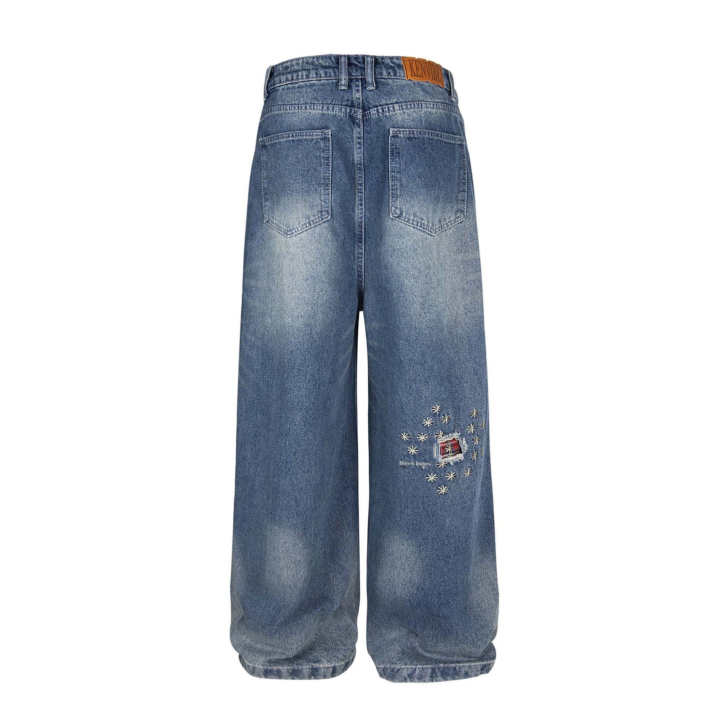Washed Patch Embroidered Denim Pants for Men and Women - Loose Wide Leg Straight Trousers