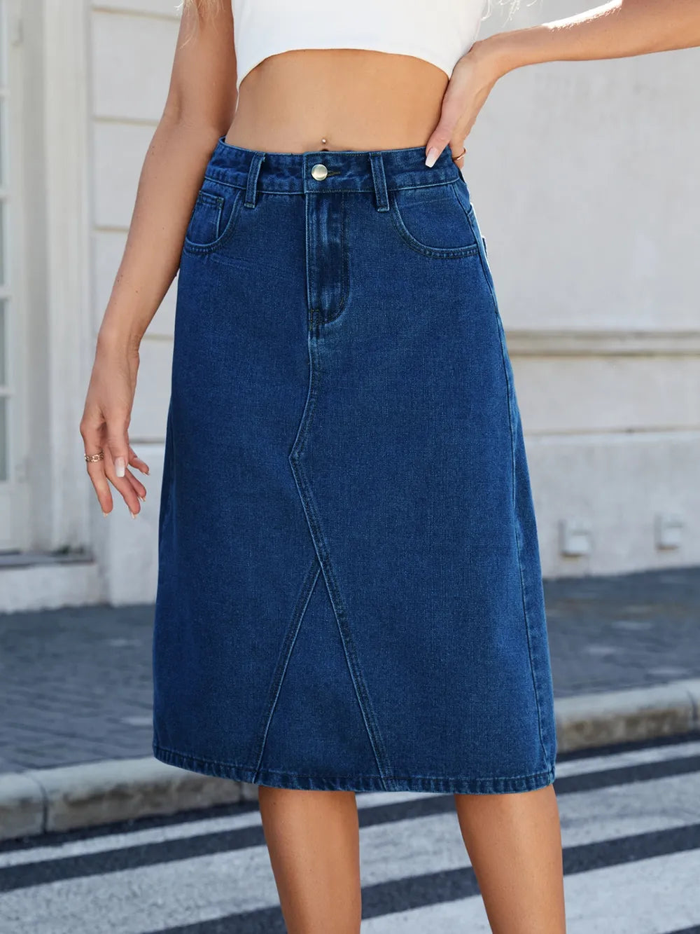 Luxury Japanese Denim Midi Skirt with Back Slit