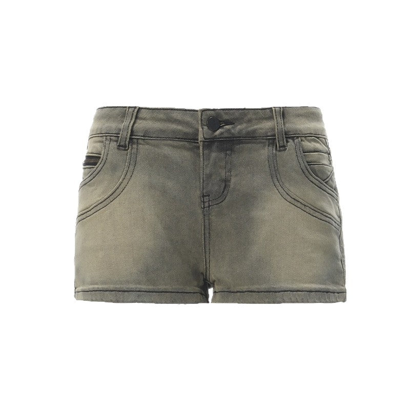 Rock Grey Washed A-Line Spicy Girl Denim Shorts for Women - Retro Faded Low Waist Hot Pants