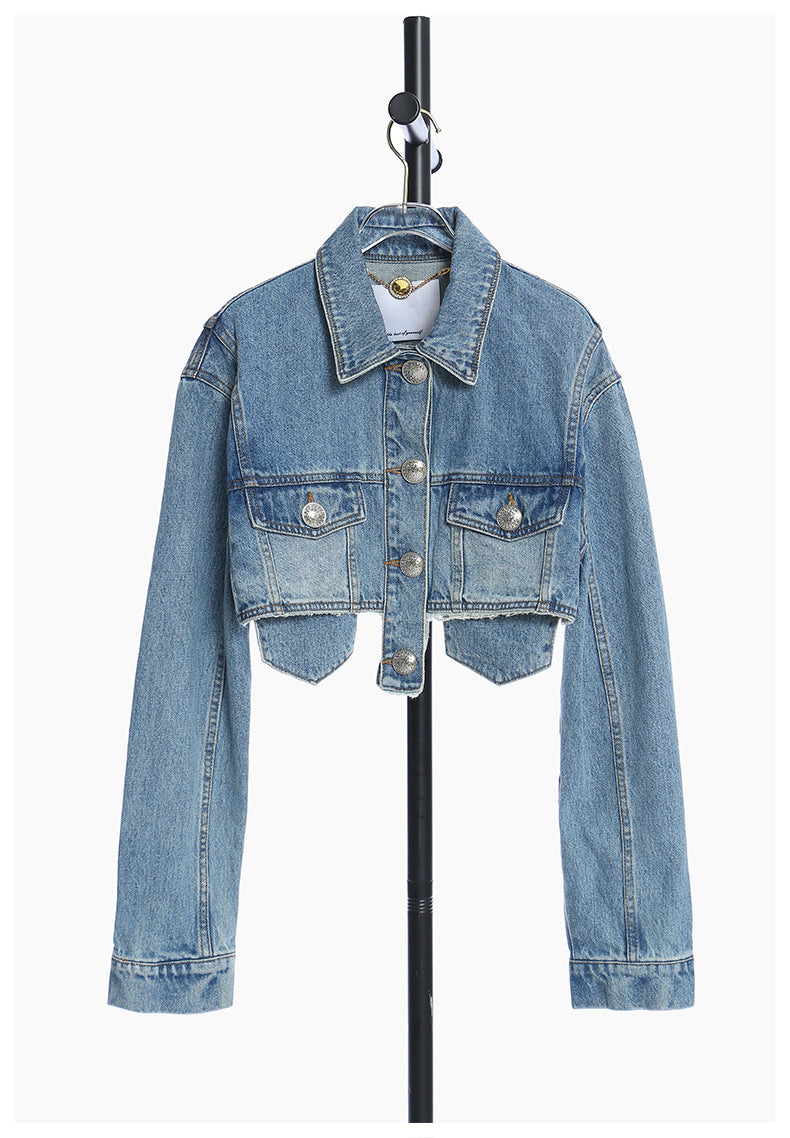 Deep Fried Street Pocket Bright Pink Short Tassel Denim Motorcycle Jacket