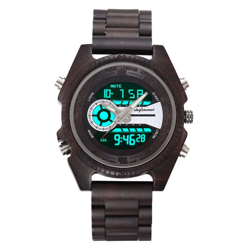 Antique Wooden Men’s LED Wristwatch with Leather Band