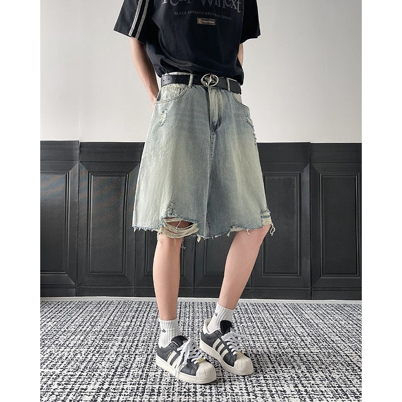 Ripped Denim Relaxed Fit Five-Quarter Pants