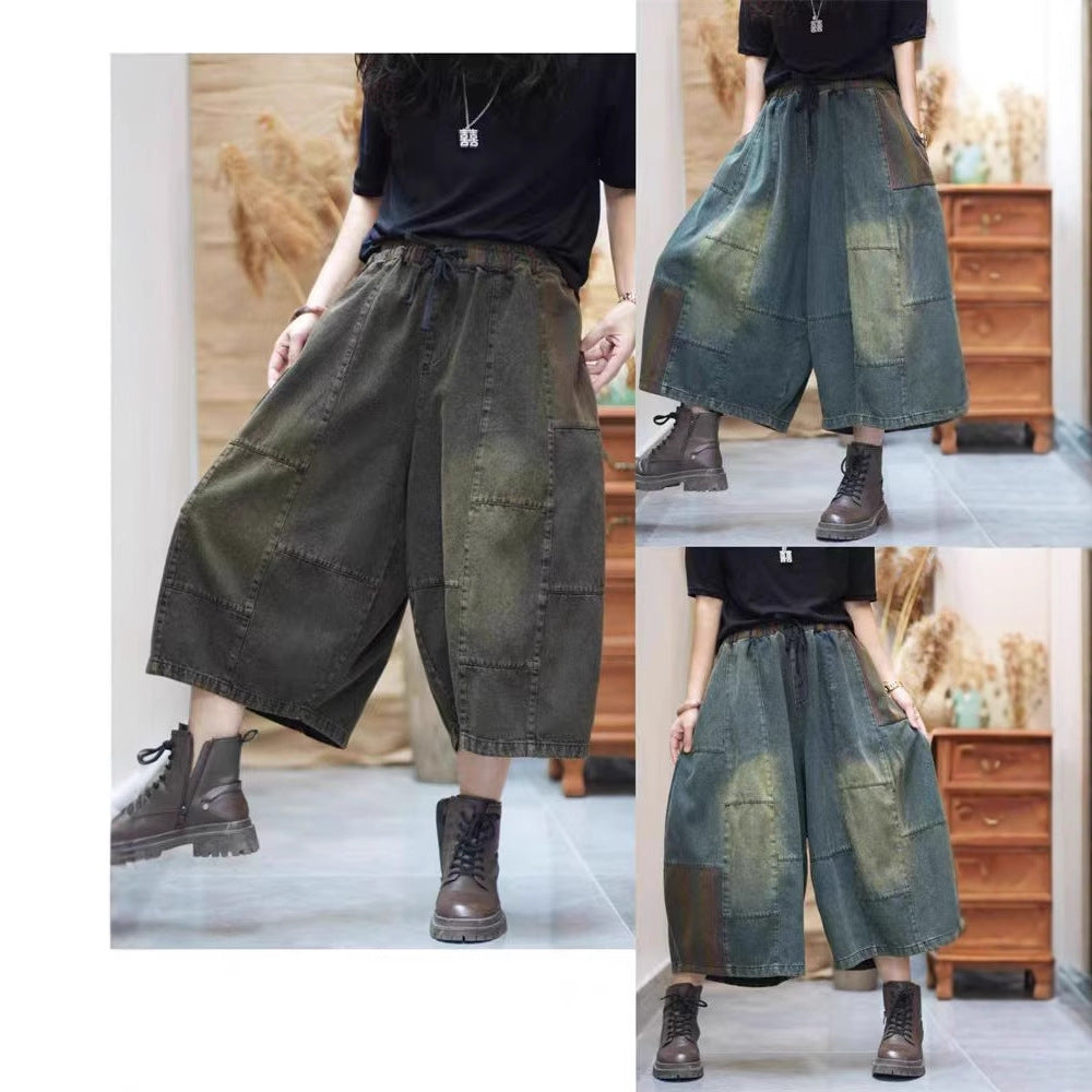 Vintage Washed Slimming Denim Trousers for Women - Loose Fit Straight Leg Three-Quarter Pants