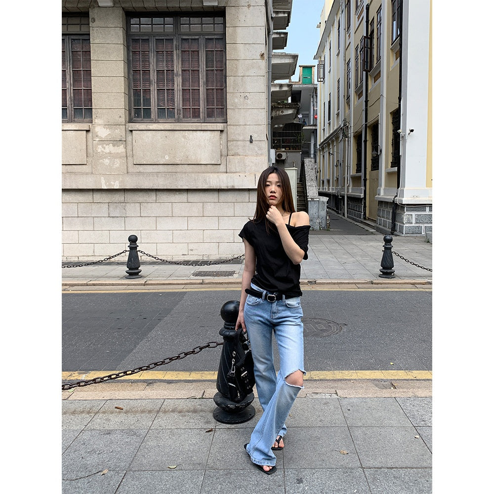 High Street Retro Distressed Denim Pants for Women with Micro-Elasticity and Slimming Effect - Straight Leg Jeans