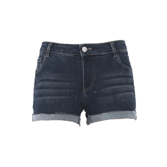 Dark Blue Cuffed Denim Shorts for Women - Elastic High Waist Washed Versatile Hot Pants