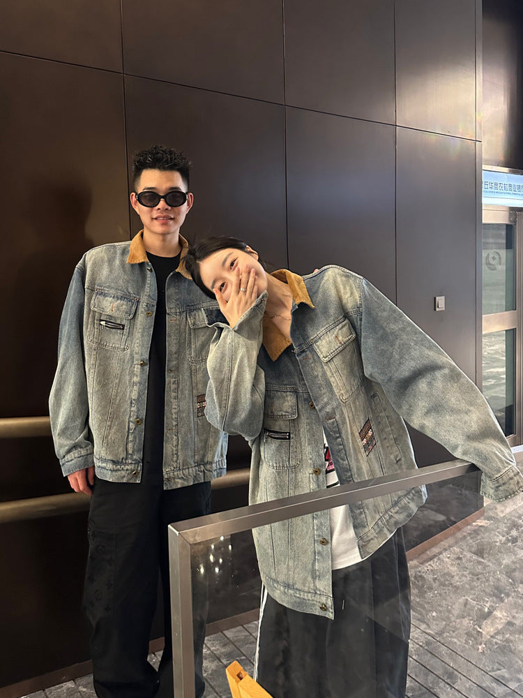 Casual Vintage Stitched Denim Jacket with Flip Collar for Men and Women