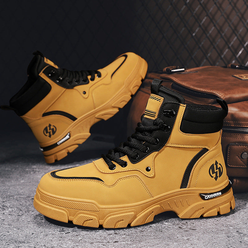 Martin Boots Men's British Style Motorcycle Workwear Boots Thick Soled Versatile High Top Yellow Boots Trendy Men's Shoes