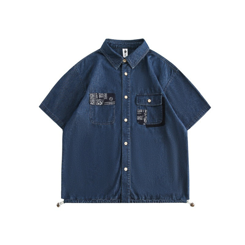 Washed Denim Shirt with Cashew Flower Splicing