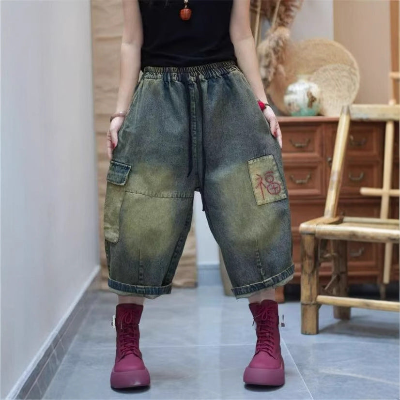 Vintage Embroidered Elastic Waist Distressed Denim Pants for Women - Loose Wide Leg Capri Trousers