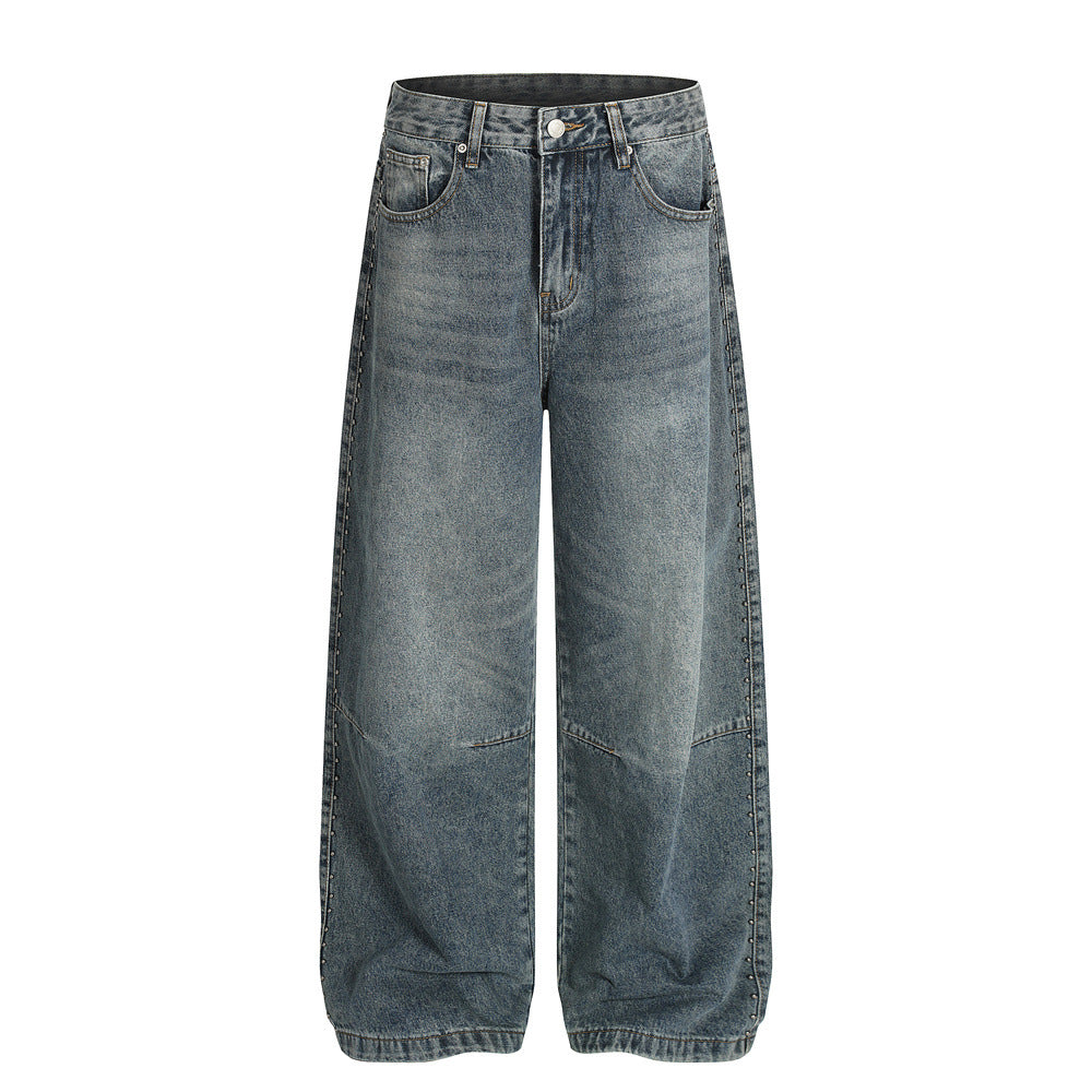 Street Style Men's Denim Pants, Patchwork Cat Whisker Design Loose Fit, Casual Wide Leg Jeans for Men