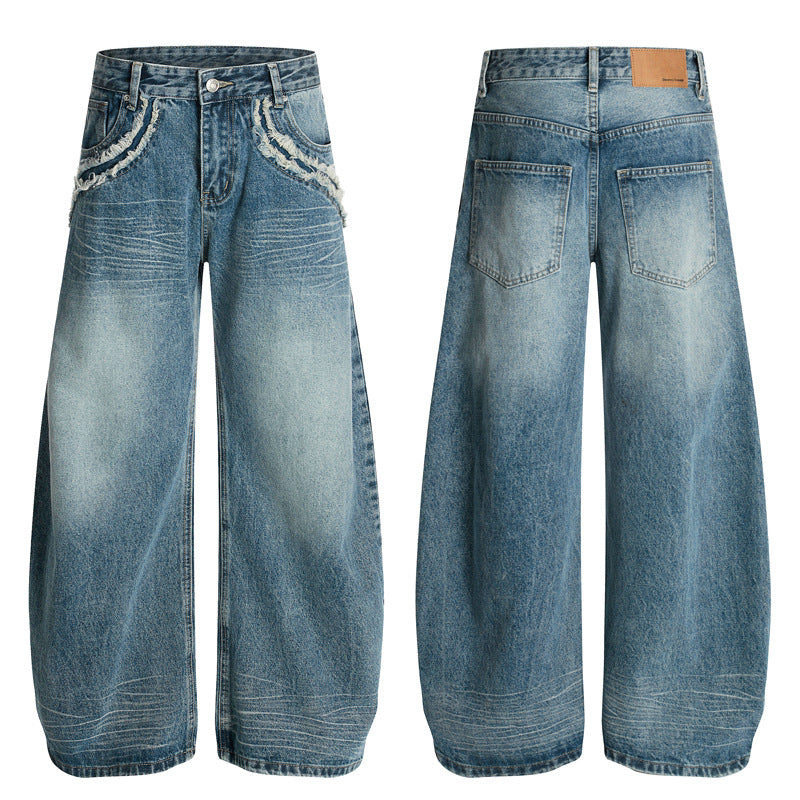 Men's Fuzzy Pocket Denim Pants - Washed Blue Loose Fit Trousers