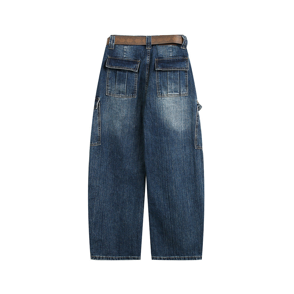 Multi-Pocket Loose Straight Leg Wide Leg Washed Cargo Denim Pants