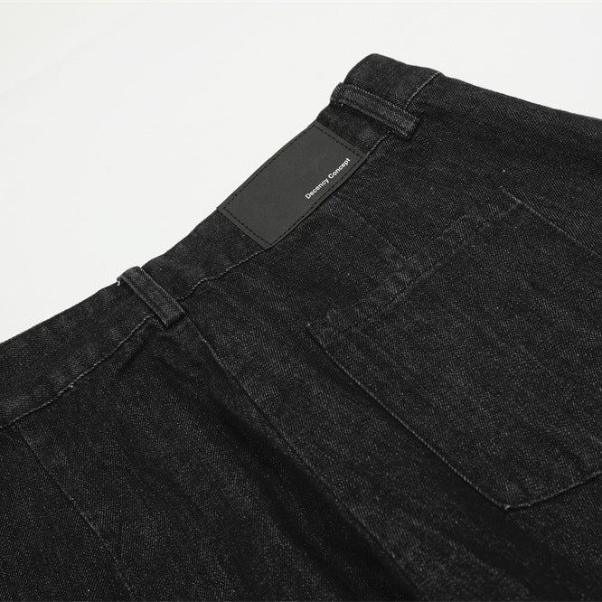 Men's Denim Jeans, Pleated Solid Color Straight Leg, Casual Loose Fit Pants