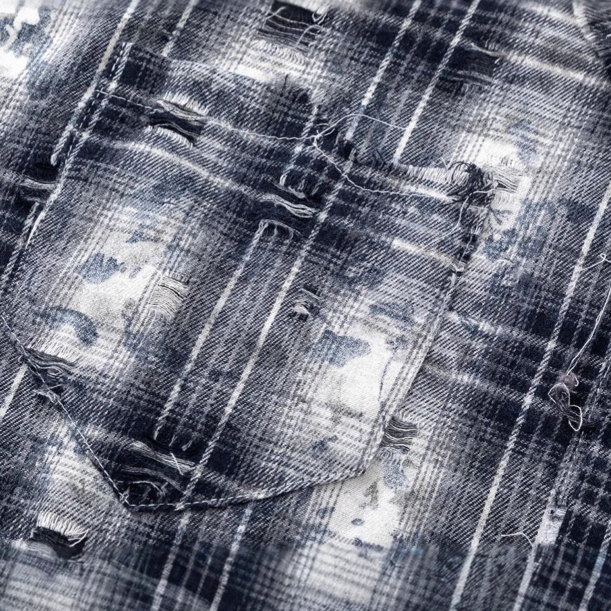 Retro Street Distressed Patchwork Plaid Long Sleeve Shirt for Men - Oversized Loose Casual Design Top