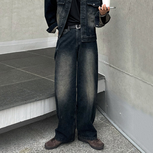 Retro Distressed Wide Leg Jeans Men's Spring Autumn Loose Denim Jacket Commute Fashion Set
