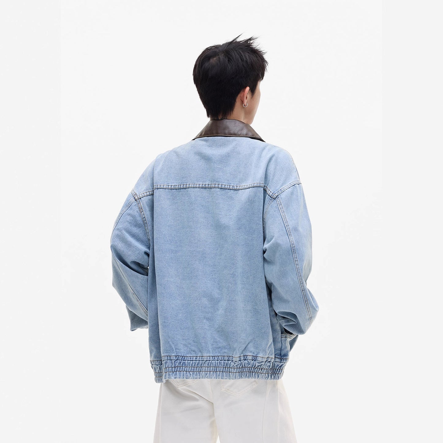 Washed Distressed Patchwork Leather Collar Denim Jacket Men