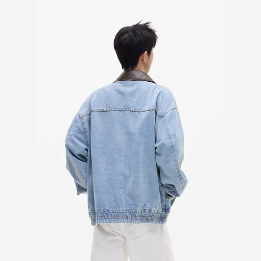 Washed Distressed Patchwork Leather Collar Denim Jacket Men