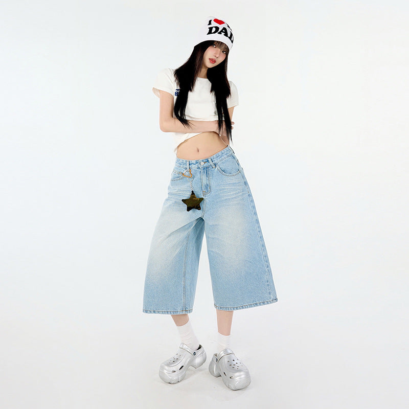 Design Creased 7/8 Length Jeans for Women - Summer Loose Wide-Leg Casual Pants