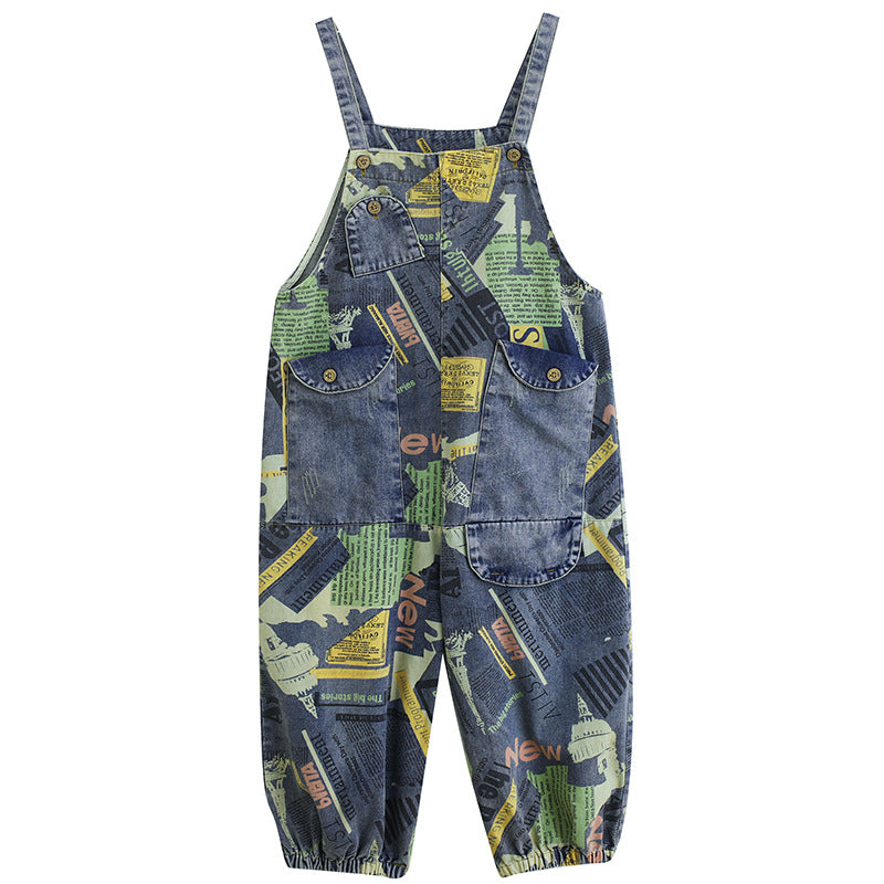 Fashionable Artistic Retro Printed Denim Overalls for Women with Ankle Binding
