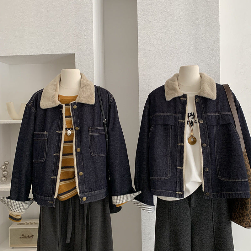 Retro Fleece-Lined Turn-Down Collar Long Sleeve Denim Jacket Top