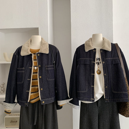 Retro Fleece-Lined Turn-Down Collar Long Sleeve Denim Jacket Top