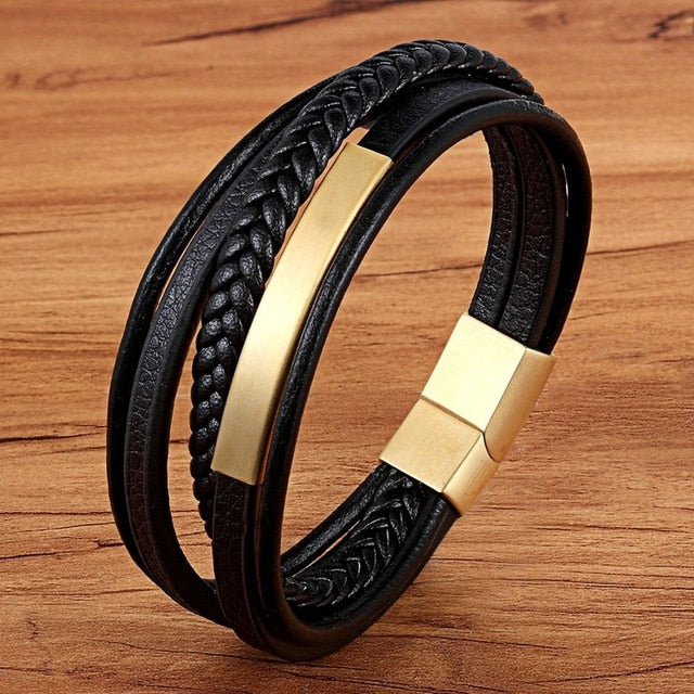 Genuine Leather Bracelet for Men - Handmade Multilayer Magnet Charm