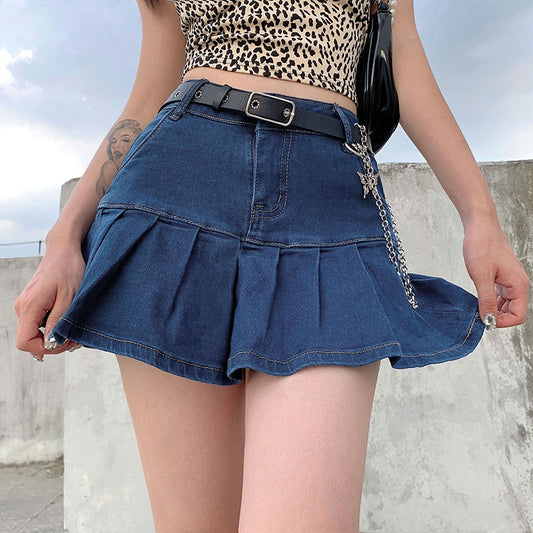 High Waist Women's Punk Denim Mini Skirt with Ruffles
