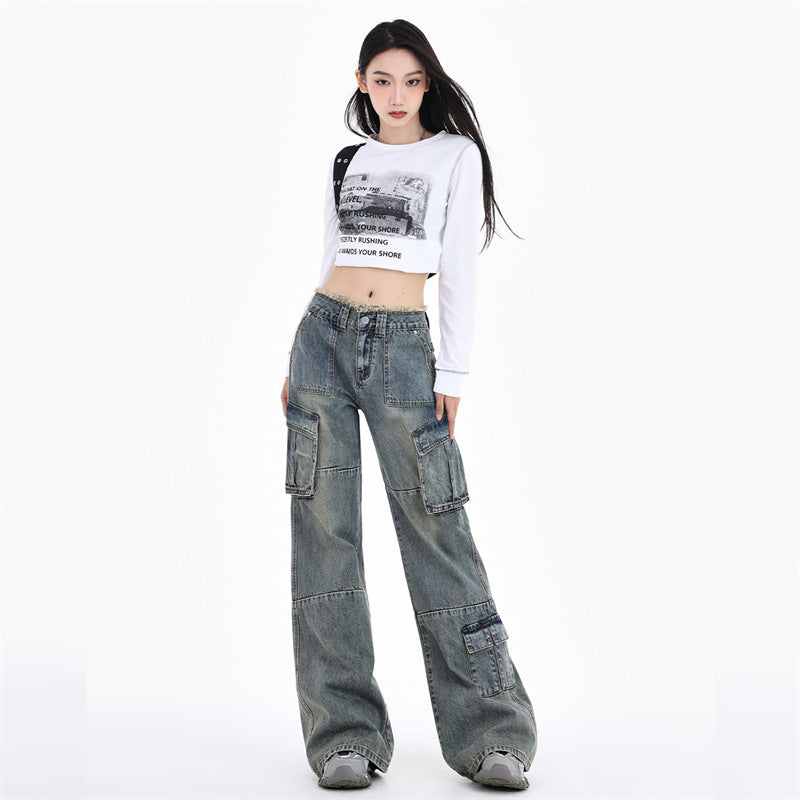 Women's High Waist Slim Wide Leg Denim Workwear Pants