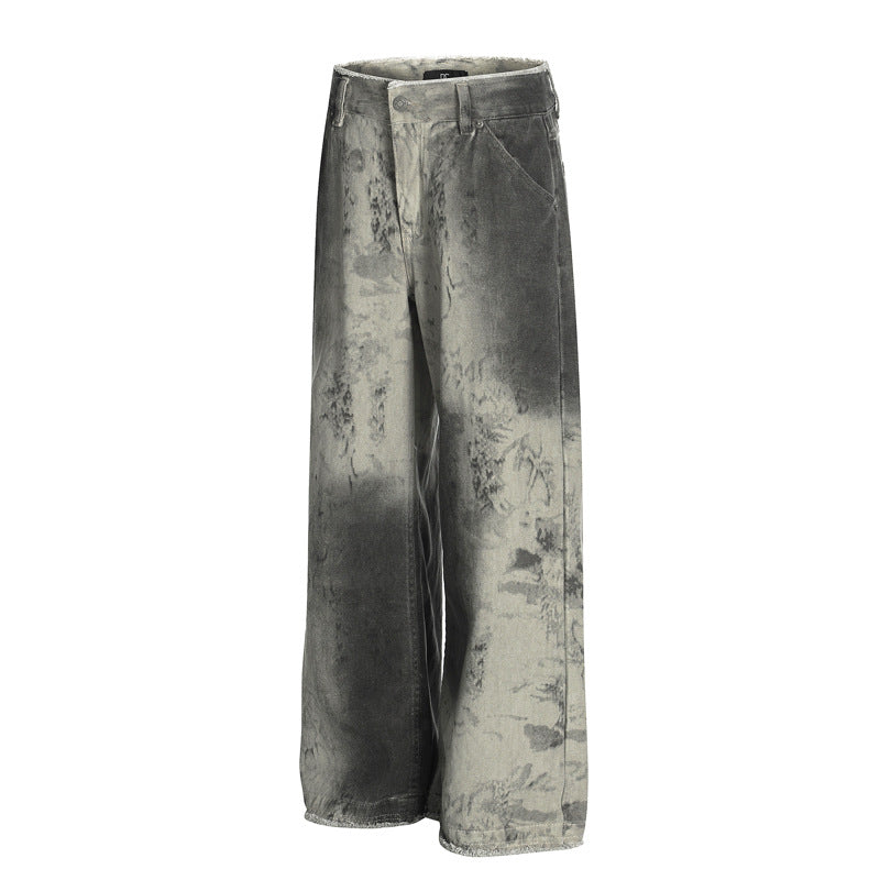 Street Washed Snake Pattern Denim Pants for Men