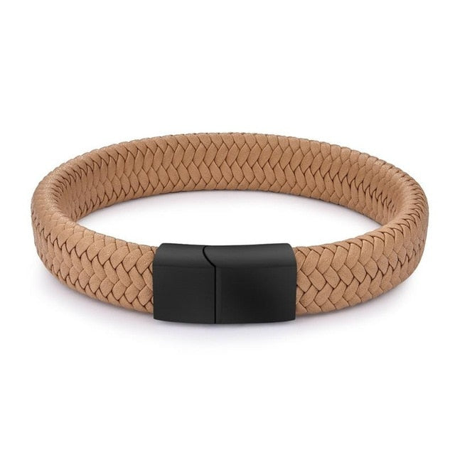 Men's Braided Leather Bracelet with Stainless Steel Magnetic Clasp