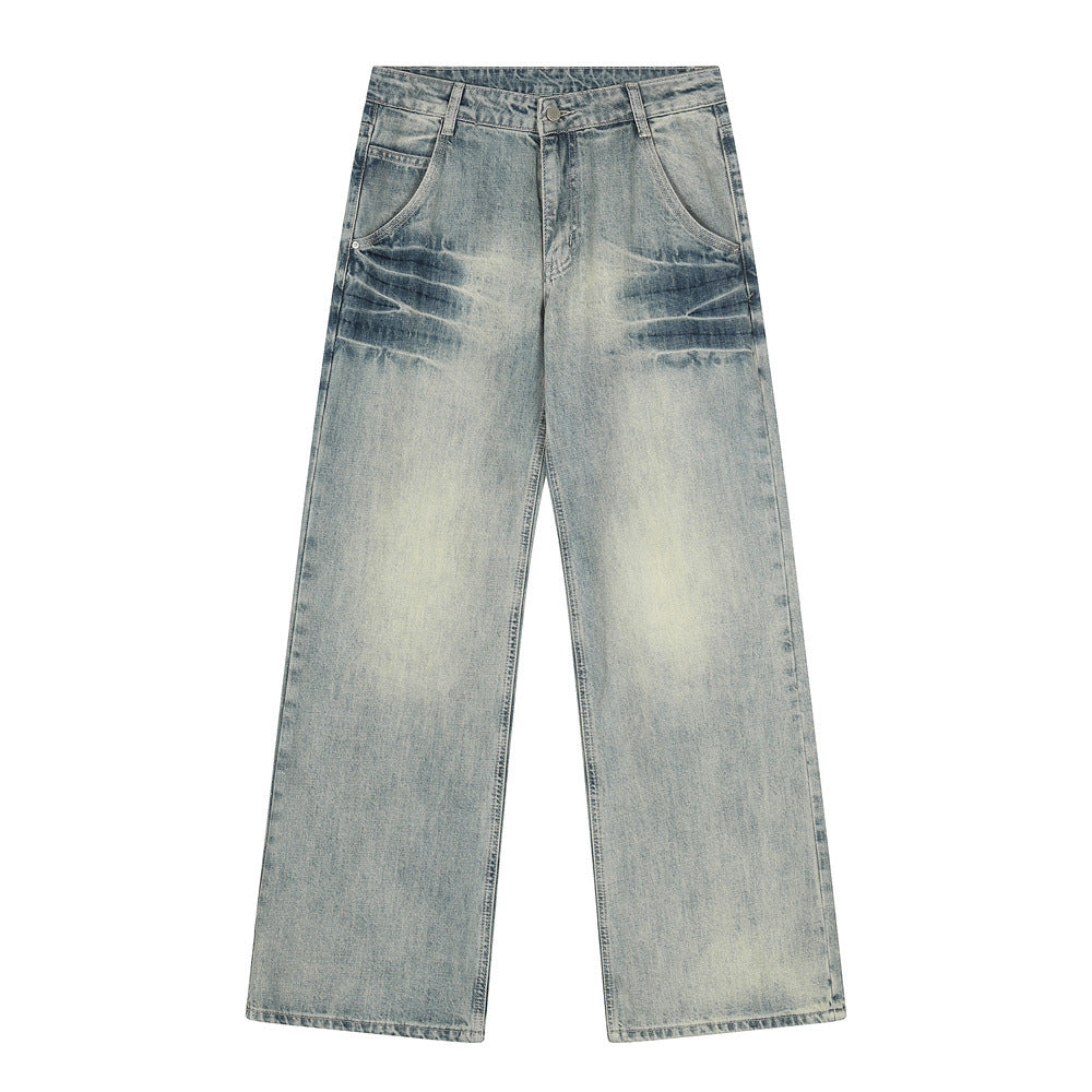 Men's Denim Jeans, Distressed Bleached Dye, Loose Fit, Trendy Casual Pants