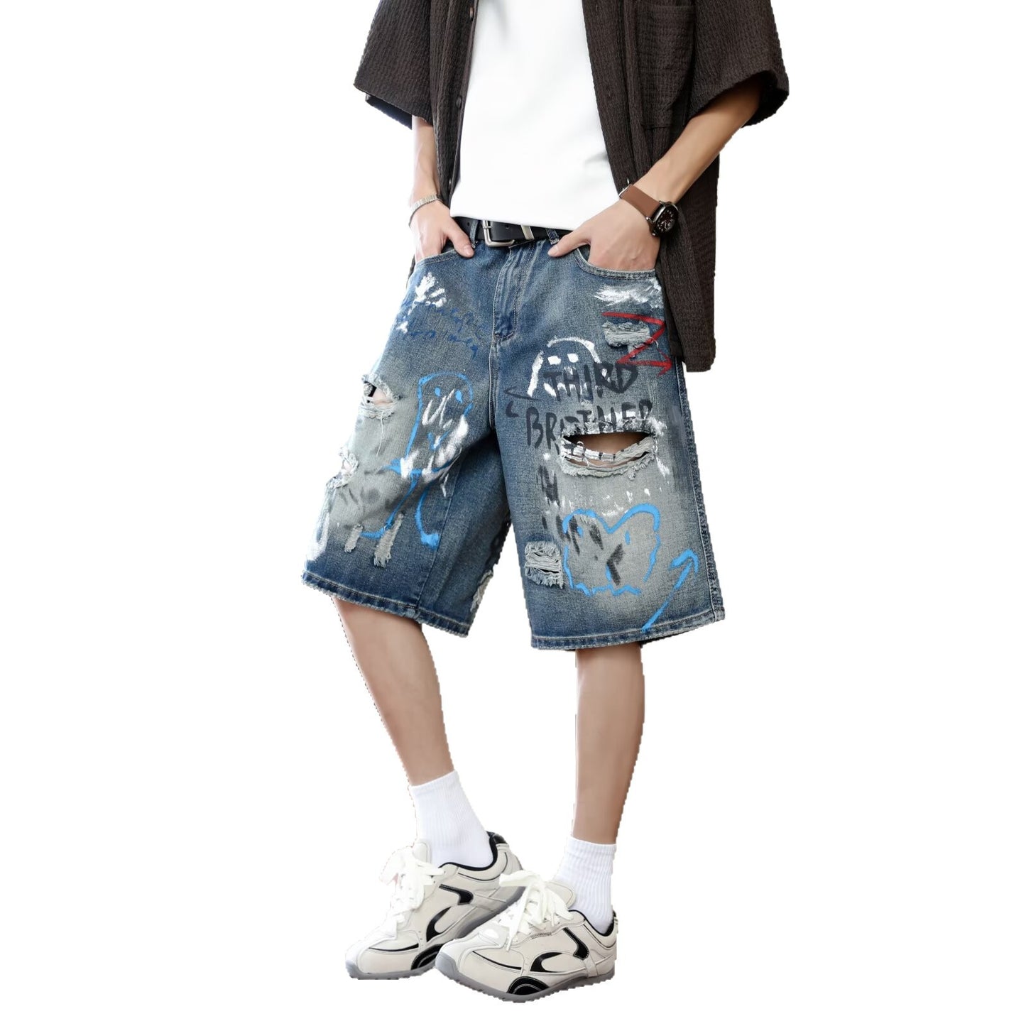 Graffiti Printed Denim Cropped Pants - Summer Loose Casual Mid Length