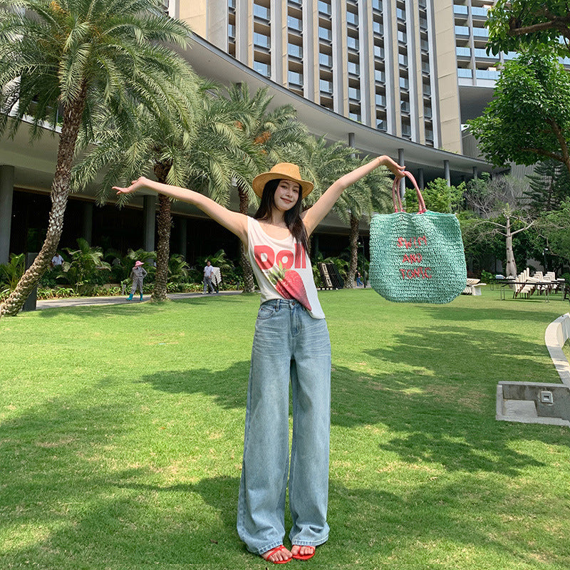 Women's Lightweight Washed Denim Summer High-Waist Wide-Leg Trousers