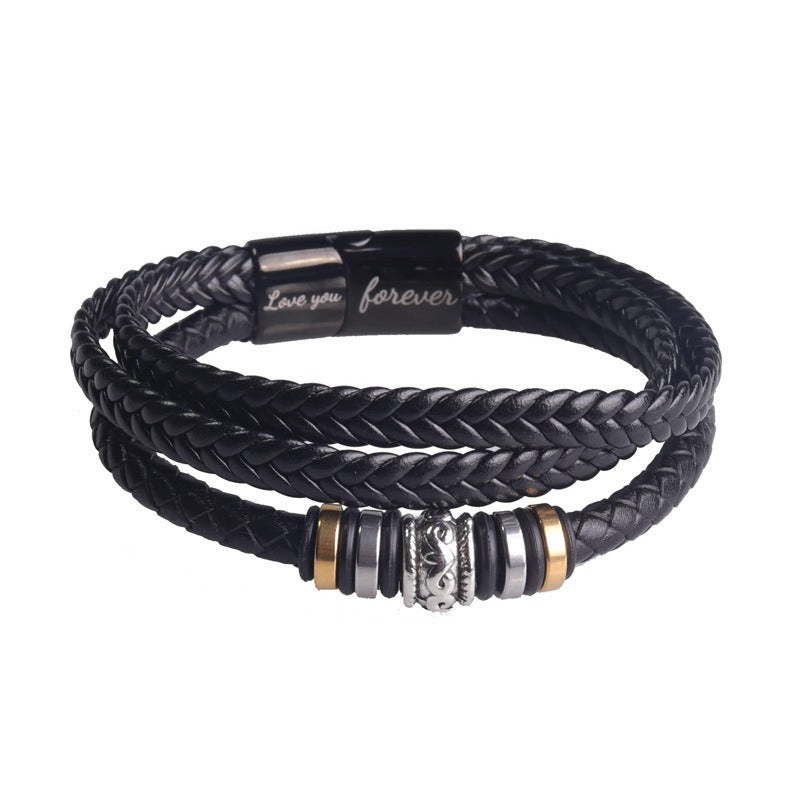 Men's Leather Bracelet with Stainless Steel Magnetic Clasp - I Love You Engraved Multi-layered Black Leather Cord Bracelet