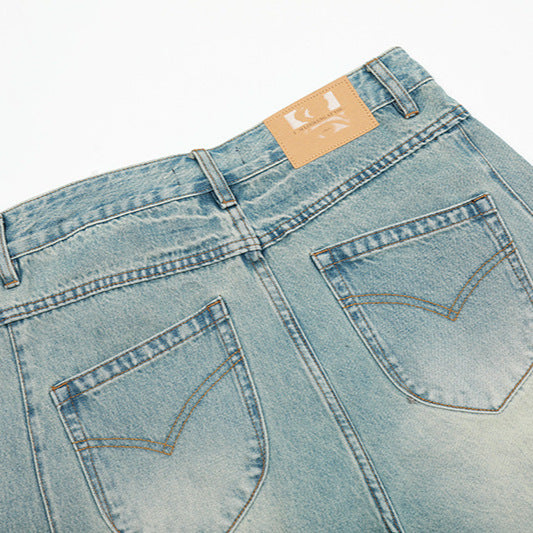 Three Dimensional Cutting Washed Curved Knife Denim Shorts