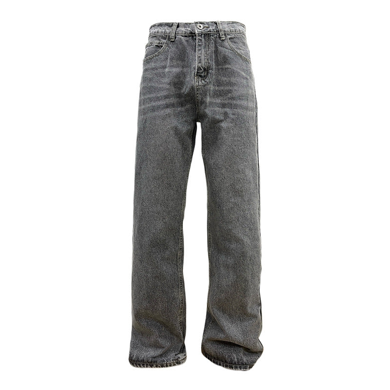 Retro Washed Vintage Smoky Gray Denim Pants - Unisex  Loose Straight Leg All-Match Long Pants