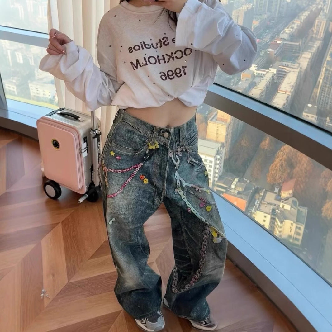 New 3D Candy Chain Printed Imitation Jeans - Loose Fit