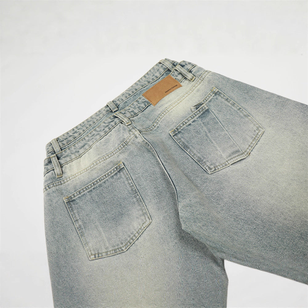 Men's Jeans with Double Waistband, Faded Knife-Edge Design,  Brand, Loose Fit, New Men's Pants