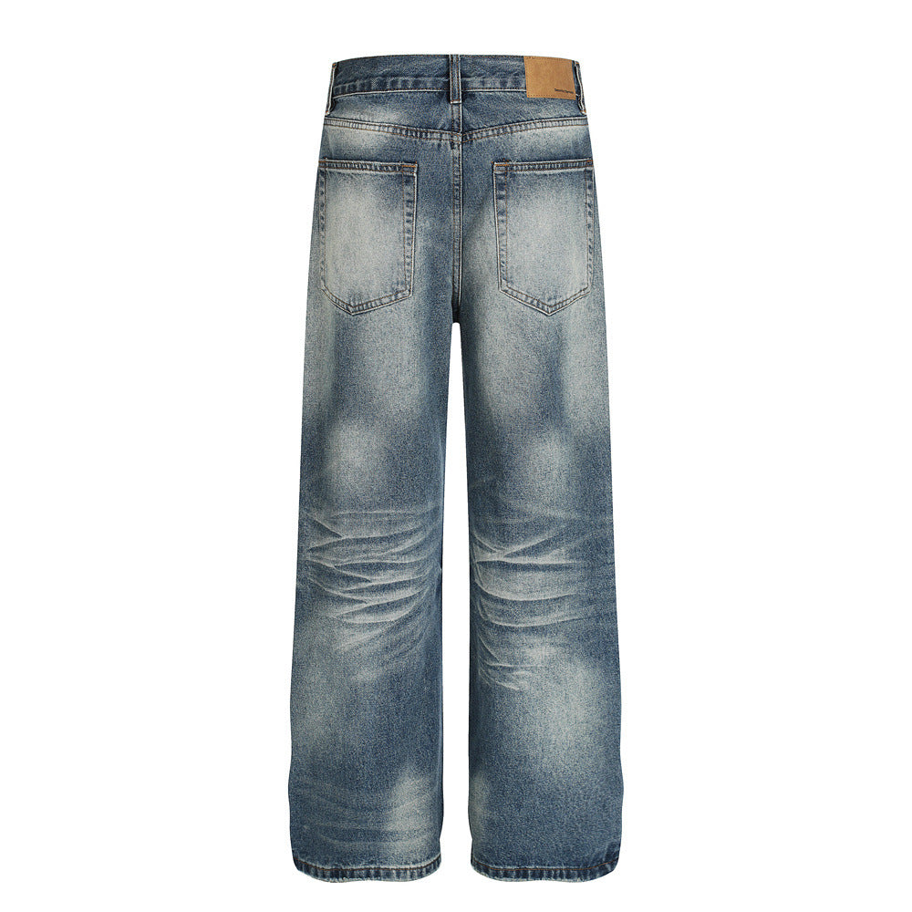 Vintage Men's Denim Jeans, Dye-Washed Faded Catwhisker Streetwear Style, Loose Fit, Versatile Casual Pants