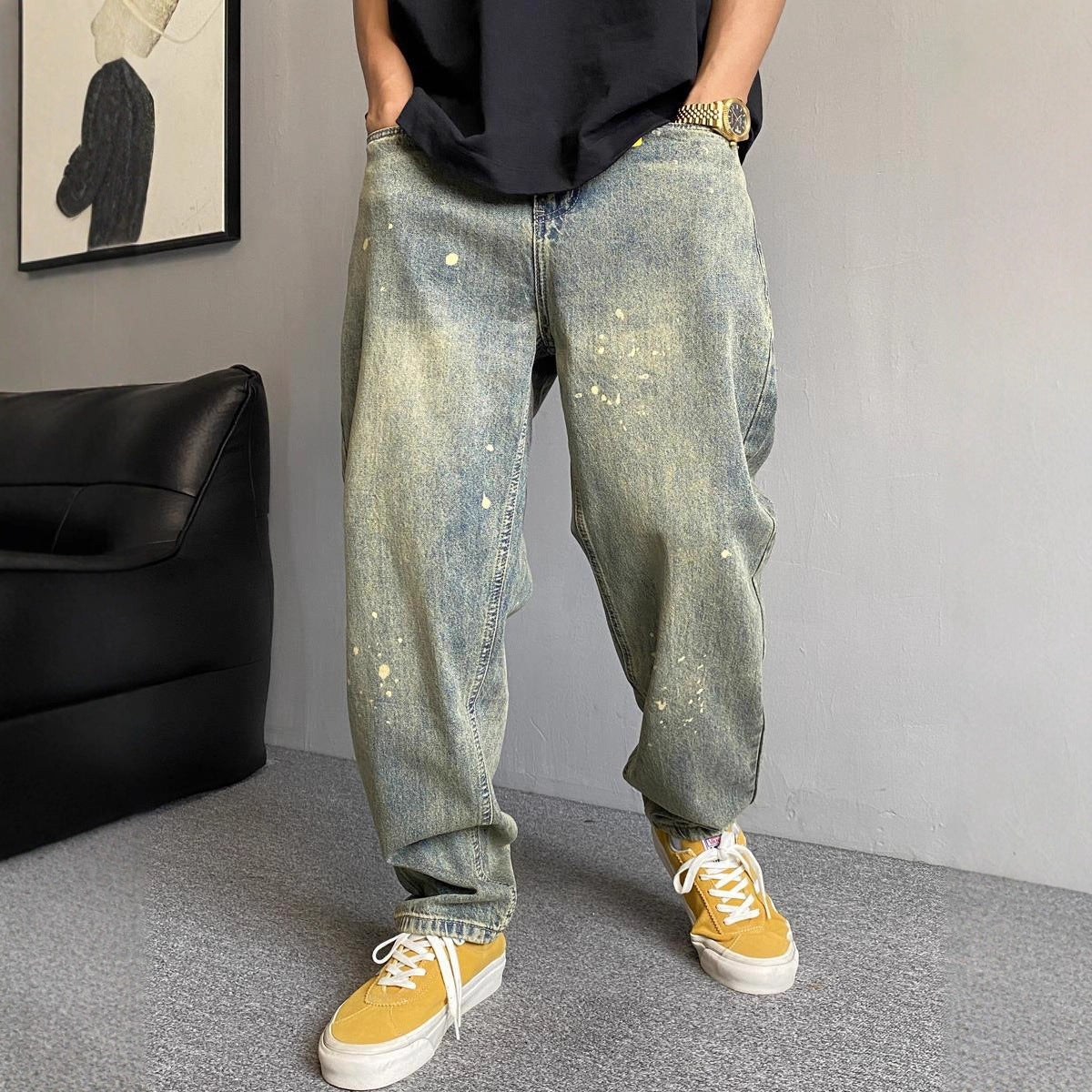 Winter Casual Streetwear Vintage Splatter Denim Pants for Men