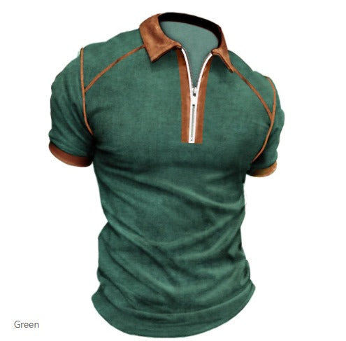 Men's Color Matching Short Sleeve Polo Shirts with Zipper