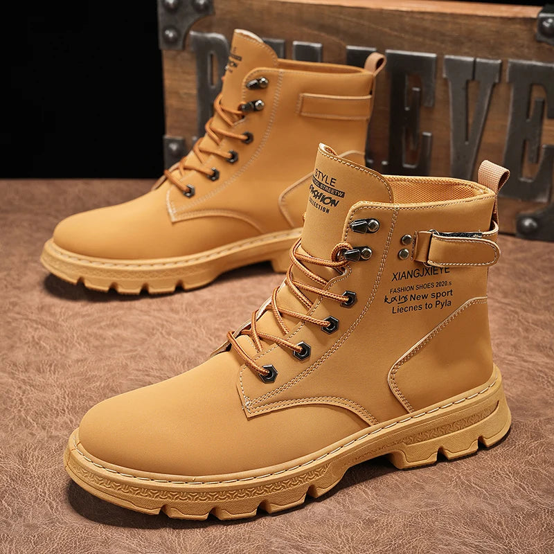 Workwear Martin Boots - Men's Spring and Autumn New High Top British Style Big Yellow Boots - Outdoor High Top Casual Leather Boots for Men