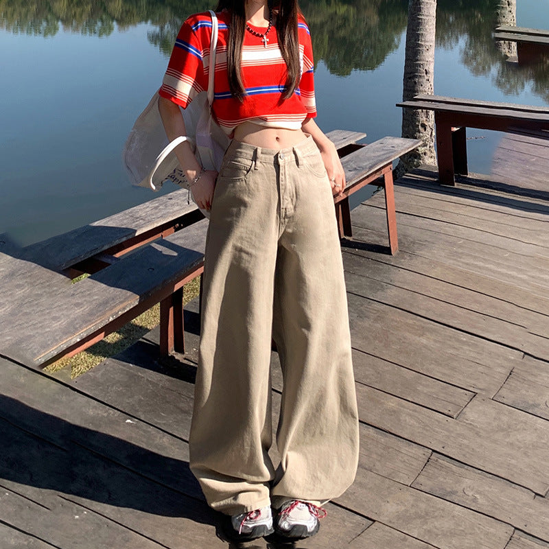 Khaki Denim Pants for Women - Loose Fit, High Waist, Straight Leg, Wide Leg Trousers