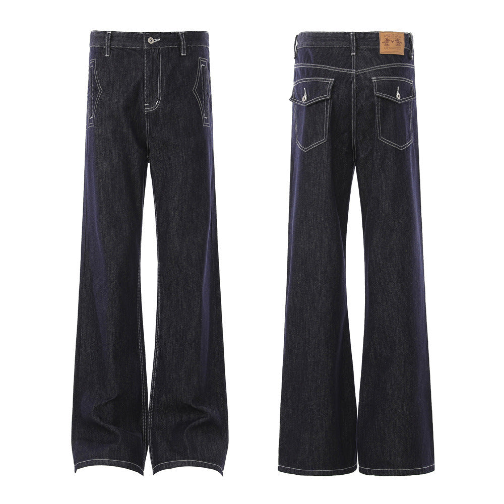 Loose Denim Bell Bottom Jeans — Mid Rise Zipper Front, Blue