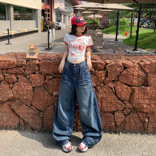 Wrinkle Cat Pattern Denim Pants for Women - High Waist Loose Fit Versatile Wide Leg Trousers