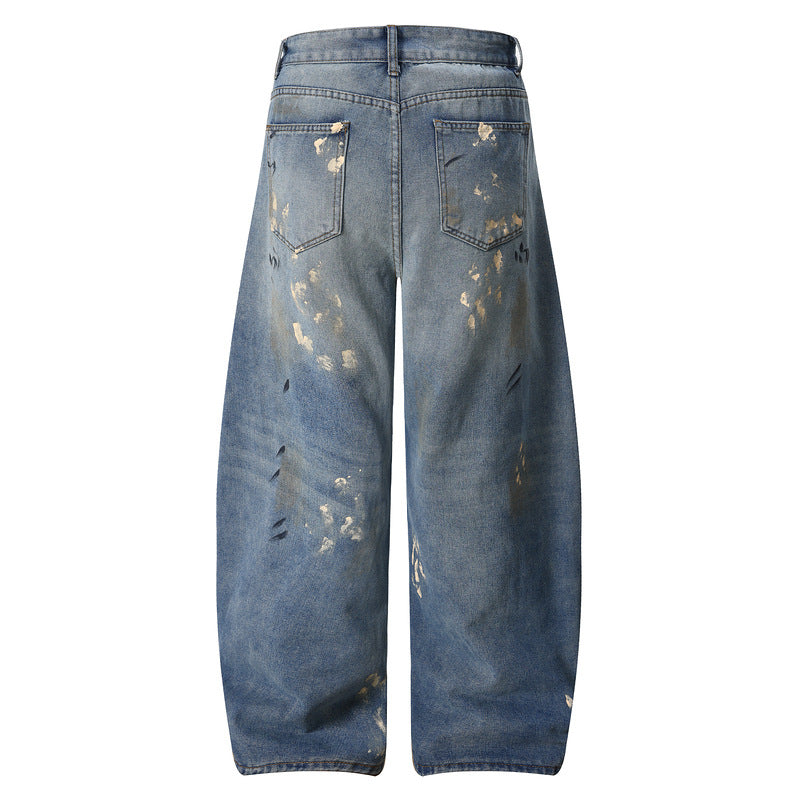 Distressed Splatter Paint Tapered Denim Pants - Wide Leg Floor Length