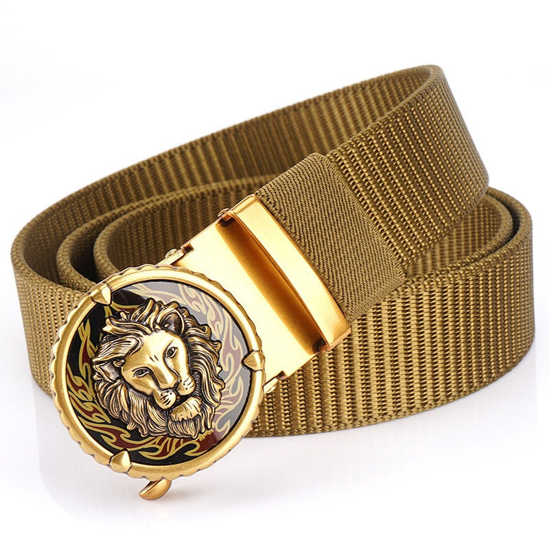 Non-Porous and Toothless Alloy Automatic Buckle Tank Patterned Nylon Waist Belt