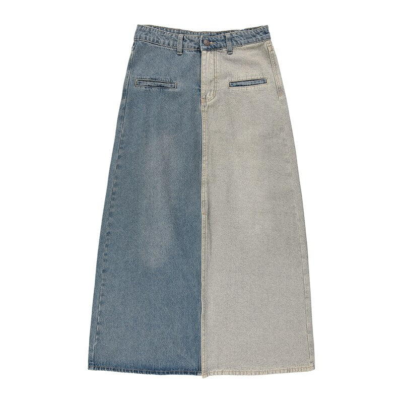 Large Women's Denim Skirt with Color Block Design – Vintage Knee-Length