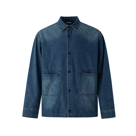 Casual Washed Denim Long Sleeve Shirt Men Loose Fit Commuter Retro Outfit